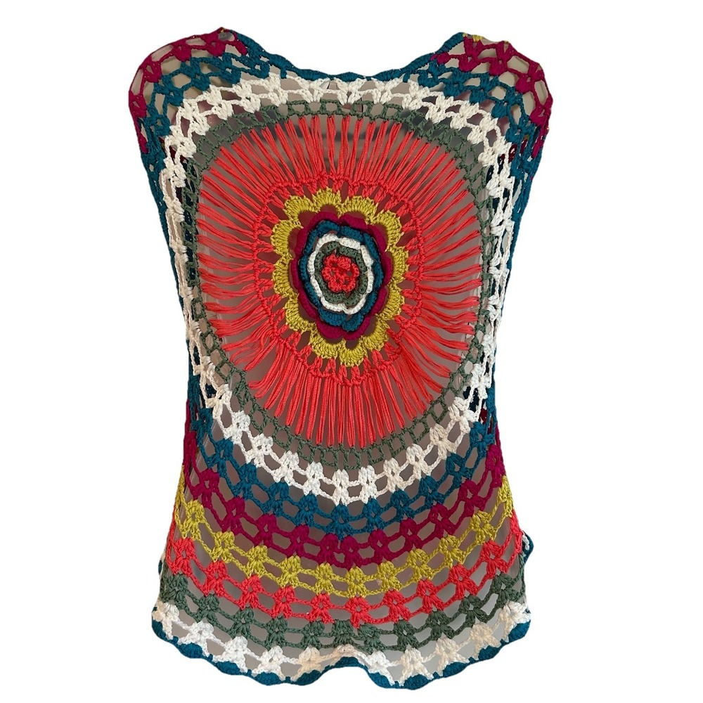 Crochet Top Sz S/M Colorful Open Knit Flower Festival Hippie Stretch Sleeveless - Picture 2 of 11